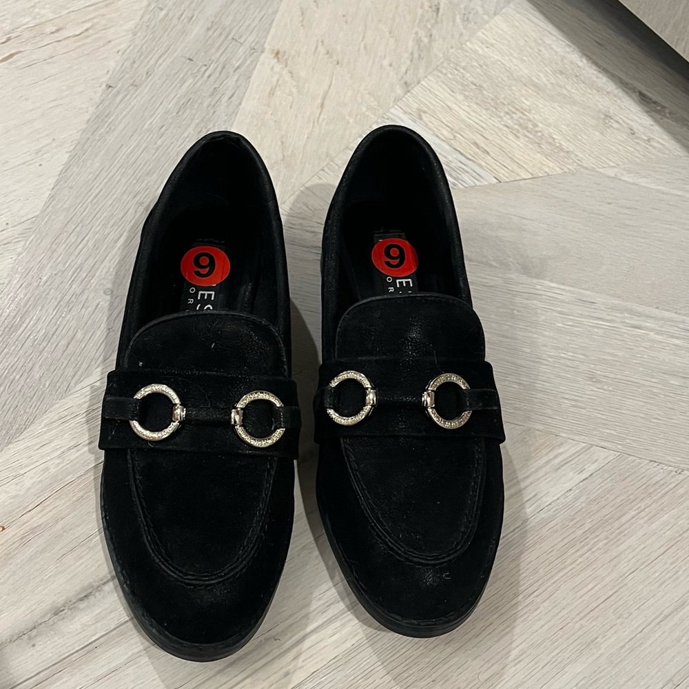 Black suede like loafers.